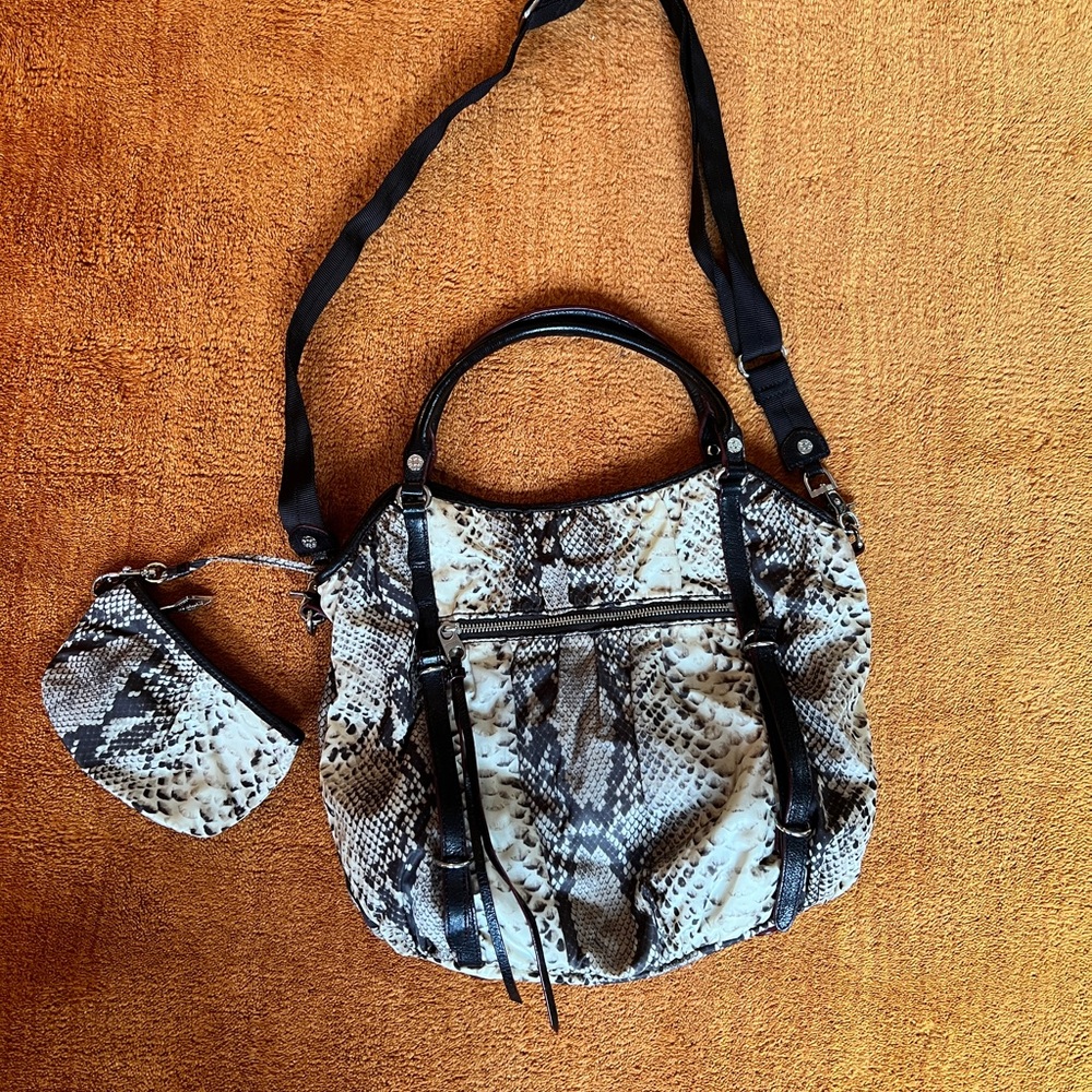 Snake Print Handbag with Black Accents